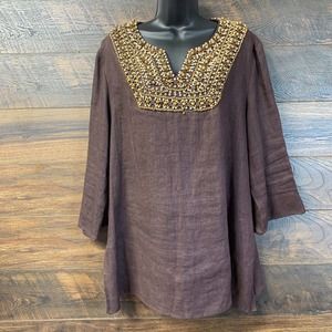 Victor Costa Brown 100% Linen Wooden‎ Beads Embellished Tunic Top XL